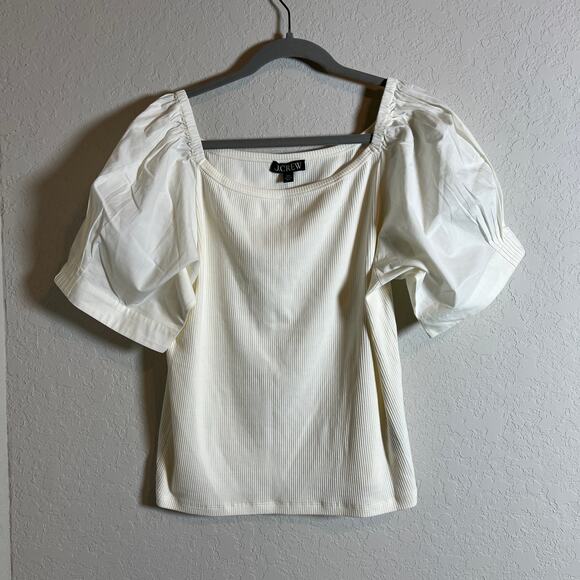 Women's J. Crew Puff ed Sleeve Ribbed Cotton Cream T-Shirt Size XXL NEW - Picture 3 of 6